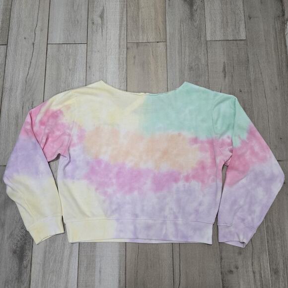 Victorias Secret PINK Sweatshirt XL Off Shoulder Tie Dye Pastel Rainbow Pullover - Picture 8 of 11